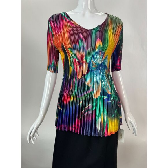 Vibrant Mini Pleats Top With V-Neck & Short Sleeves - Picture 1 of 16